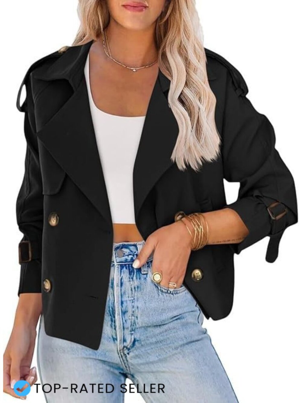Women's Cropped Double-Breasted Trench Coat Belted Cuffs Lightweight